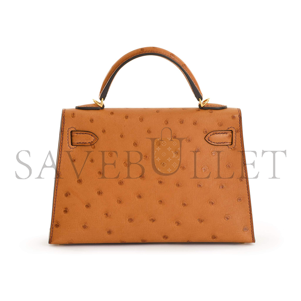 HERMÈS MASTER COGNAC OSTRICH MINI KELLY II GOLD HARDWARE (19*12*5.5cm)